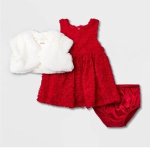 Cat & Jack red dress with white fur shrug - 6-9 months - NWT